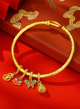 足银9999纯银电金手镯珐琅蝴蝶葫芦富贵福字新中式国风实心银镯子