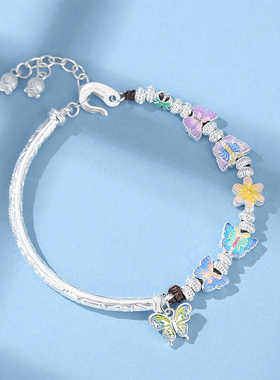 足银9999珐琅双边蝴蝶手链