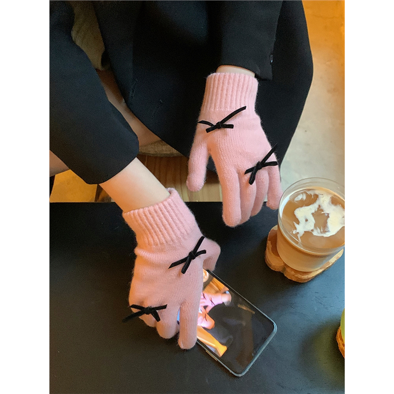 冬季甜美蝴蝶结针织手套女骑行保暖毛线秋冬防寒户外加厚双层学生