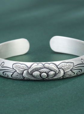 纯手工浮雕开口纯银手镯足银9999手镯泥鳅背开口手工打造足银手镯