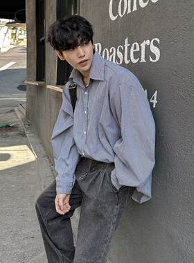 港风文艺条纹宽松大码男长袖衬衫