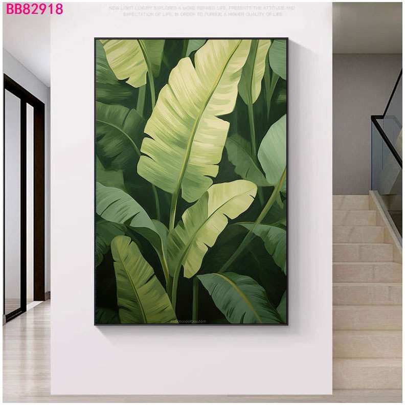 纯手绘入户玄关装饰画绿色植物挂画玄关走廊沙发后落地大幅壁画图片