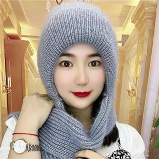 女毛线帽冬季 帽子冬季 加绒加厚围巾一体编织风雪帽子针织防寒
