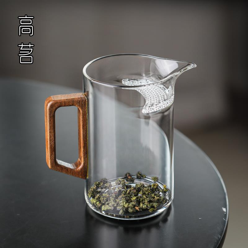 高档木把玻璃月牙公道杯茶漏一体泡绿茶分茶器茶具泡茶公杯带茶滤