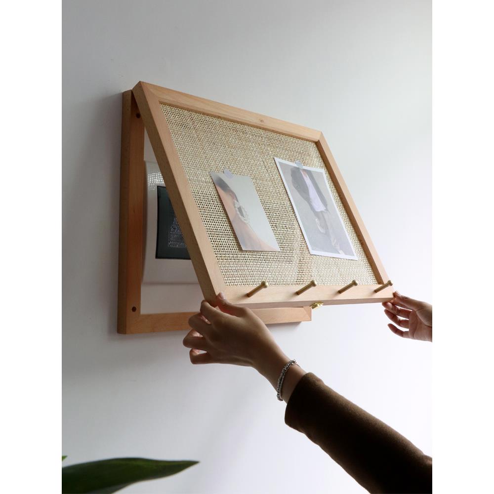 电表箱装饰画侘寂风配电箱遮挡带衣帽挂钩强电箱电闸实木壁挂盖板