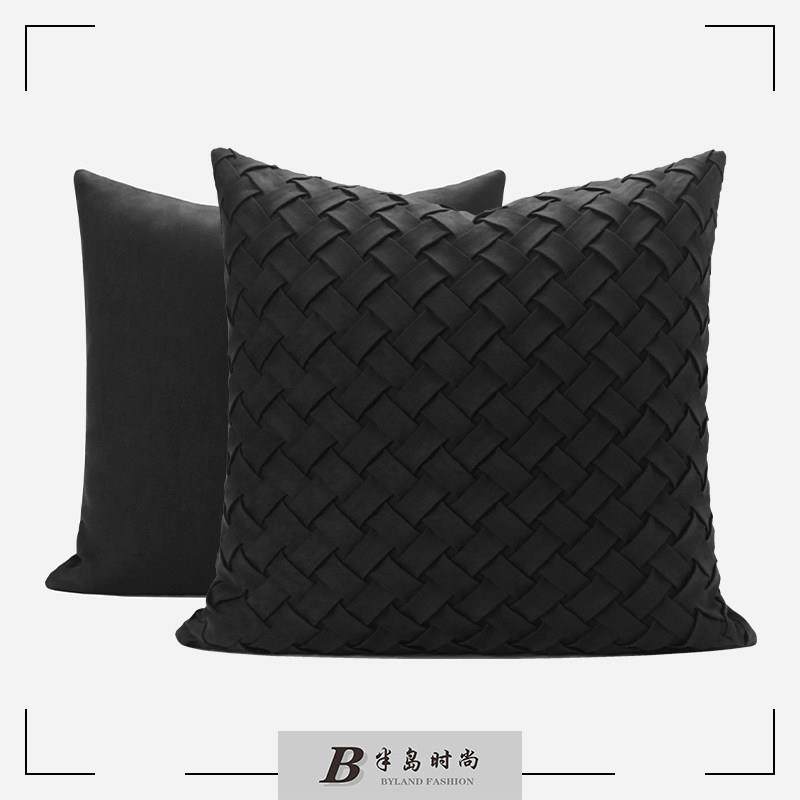 「雅黑」现代简约黑色麂皮绒编织民宿抱枕沙发靠垫样板房别墅靠包