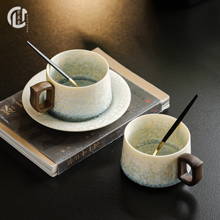 贤呈堂 结晶釉咖啡杯杯碟套装 高档杯子精致节日送礼对杯礼盒装