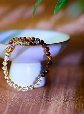 HELLE禾里【虎眼石+天然黄水晶】招财老山檀古风多圈手串