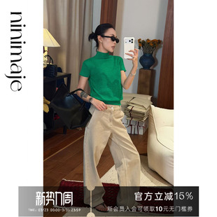 绵羊毛纯色内搭上衣 女春季 NANBEIBEI南北贝绿色半高领短袖 针织衫