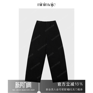 立体剪裁廓形锦棉长裤 NANBEIBEI南北贝黑色廓形宽松休闲裤 女春季