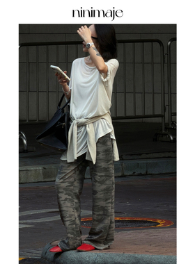 NANBEIBEI南北贝美式阔腿松紧腰迷彩运动休闲裤潮流宽松直筒长裤