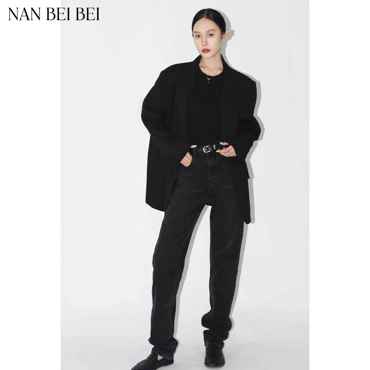 NANBEIBEI【南北贝】黑色铅笔裤牛仔裤女高腰修身简约百搭九分裤