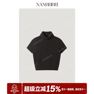 NANBEIBEI南北贝 女款秋季深咖色高领短袖麻花纹宽松透气毛衣