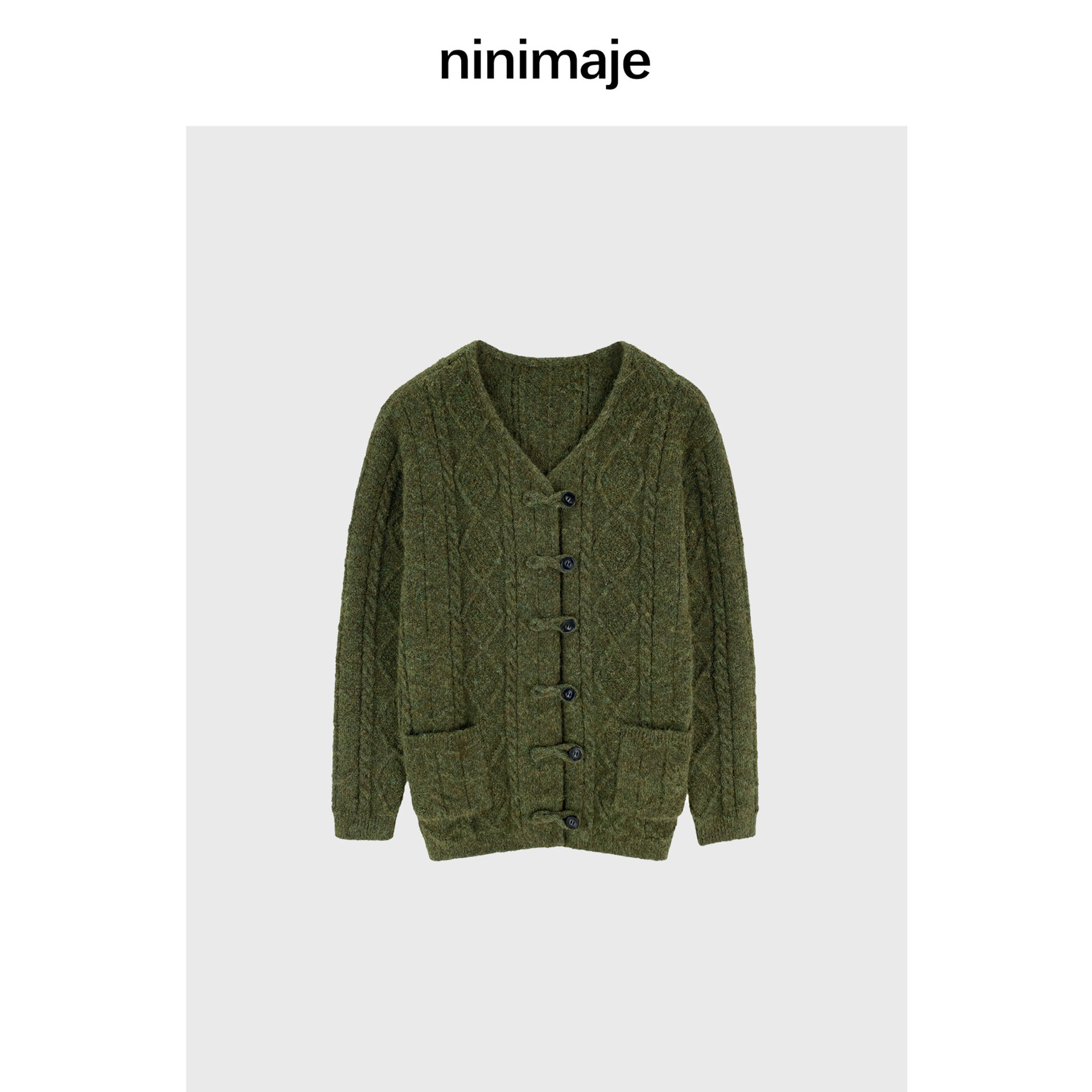 NANBEIBEI南北贝'羊毛复古开衫外套'慵懒风麻花粗针外搭毛衣女针