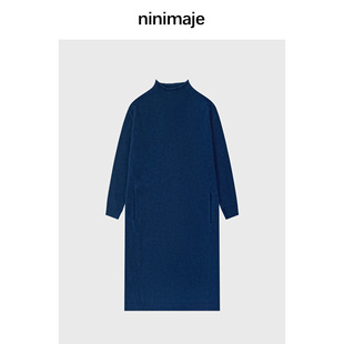 冬季 南北贝 蓝色针织长袖 连衣裙 宽松内搭可外穿极简廓形长裙 长款
