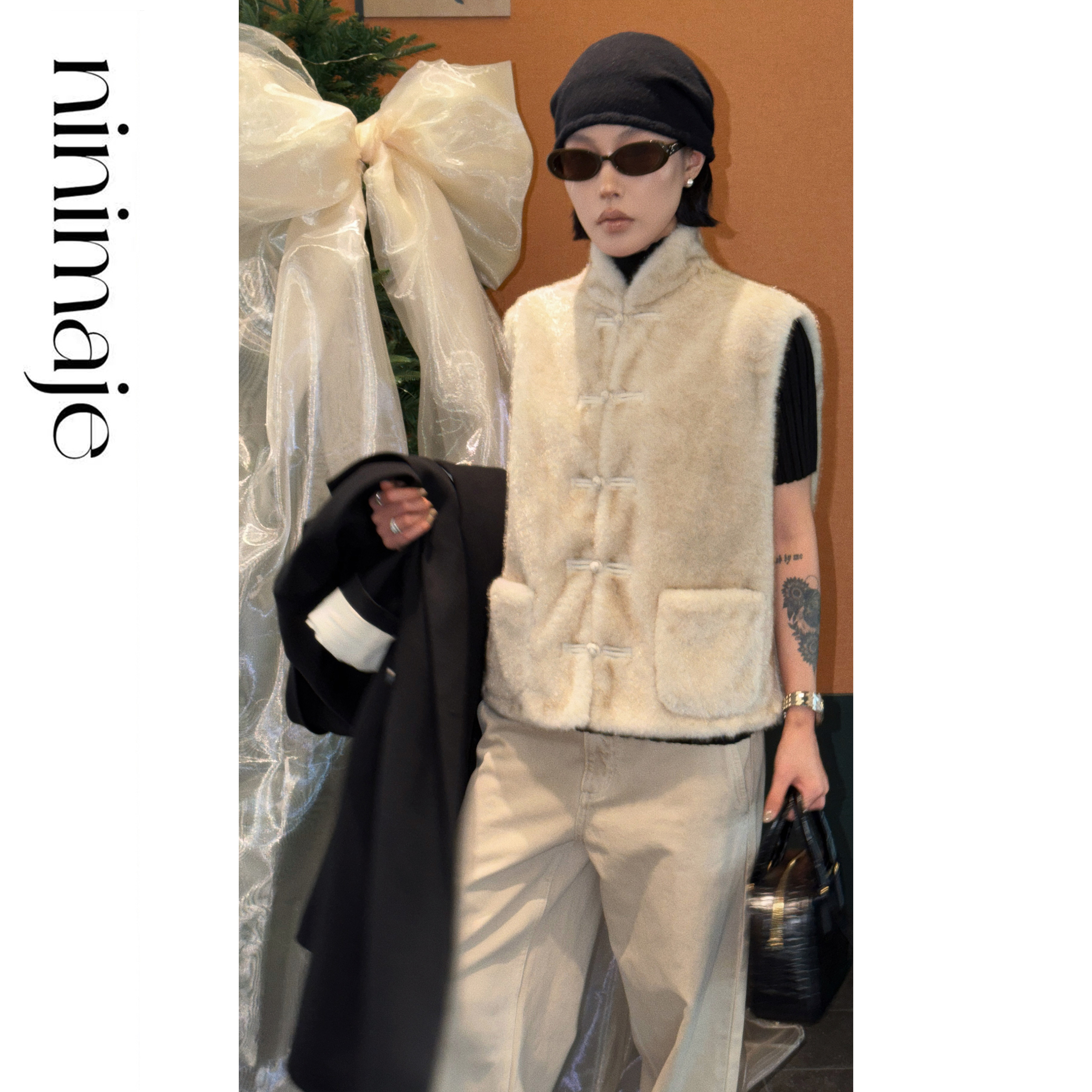 NANBEIBEI南北贝'银渐层马甲'白色毛毛新中式背心女冬季加厚保暖