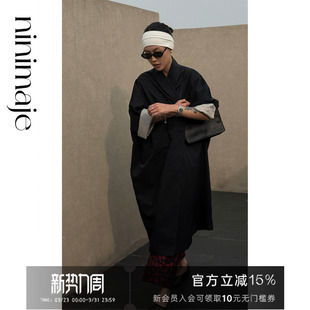 NANBEIBEI南北贝黑色风衣长款 宽松口袋宽松纽扣高级感 外套女春季