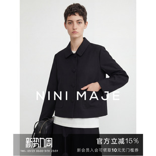 宽松型纽扣翻领口袋时尚 NANBEIBEI南北贝黑色短款 风衣外套女春季