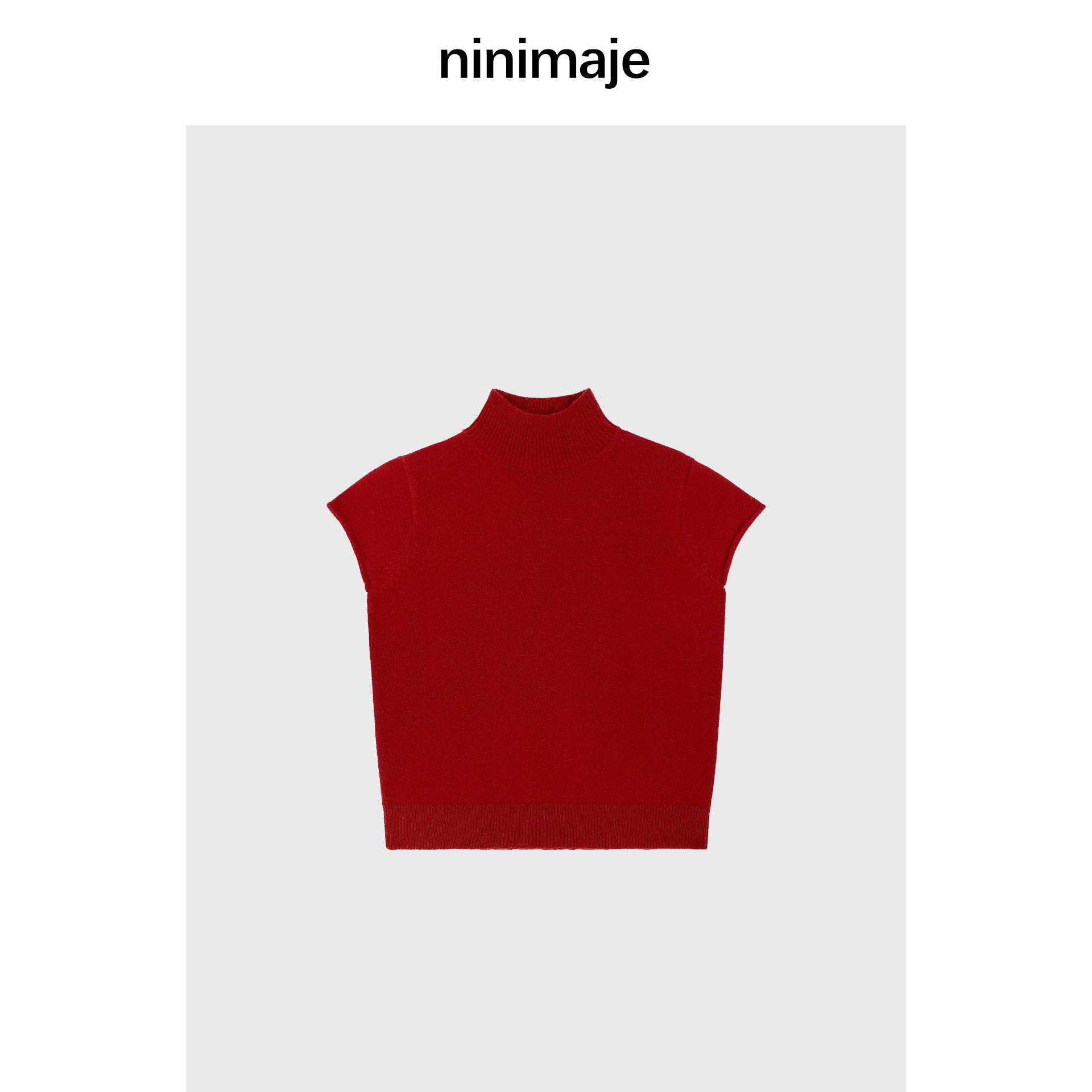 NANBEIBEI南北贝'小精致'红色针织短袖t恤女冬半高领内搭打底衫可