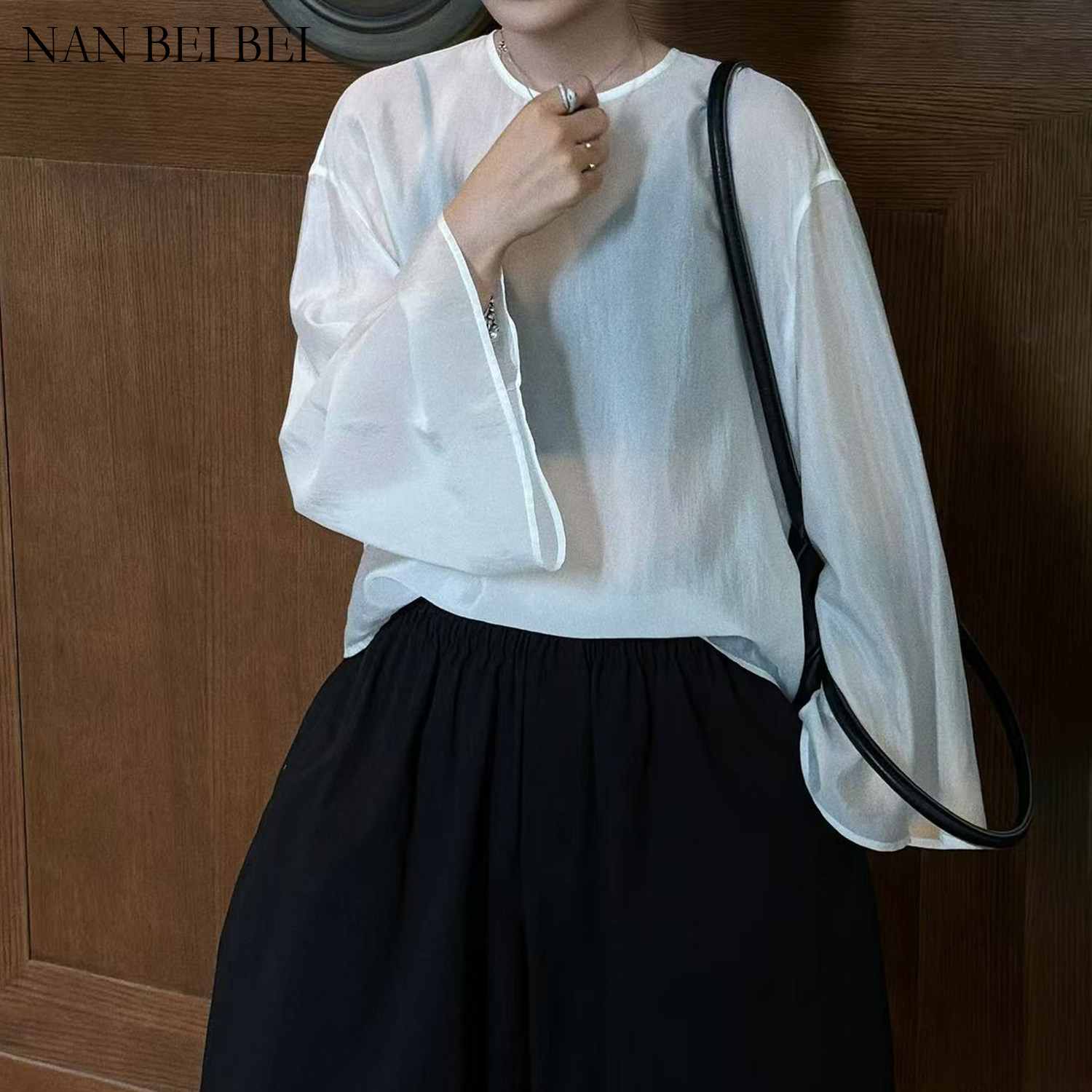 NANBEIBEI南北贝‘霜感铜氨’纯色宽袖轻薄上衣t恤女2025防晒罩衫
