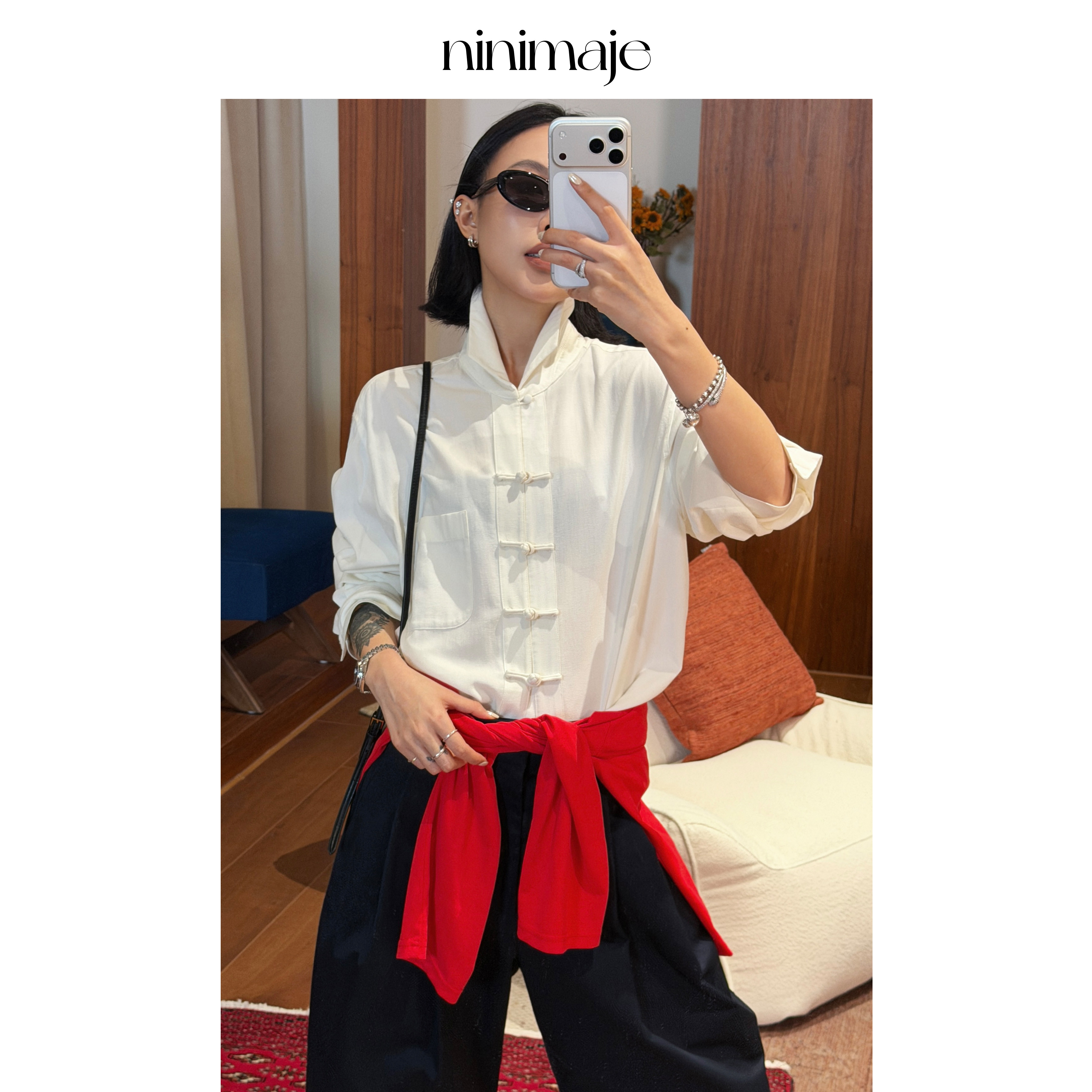 NANBEIBEI南北贝杏色新中式宽松衬衫女春季盘扣口袋简约百搭上衣