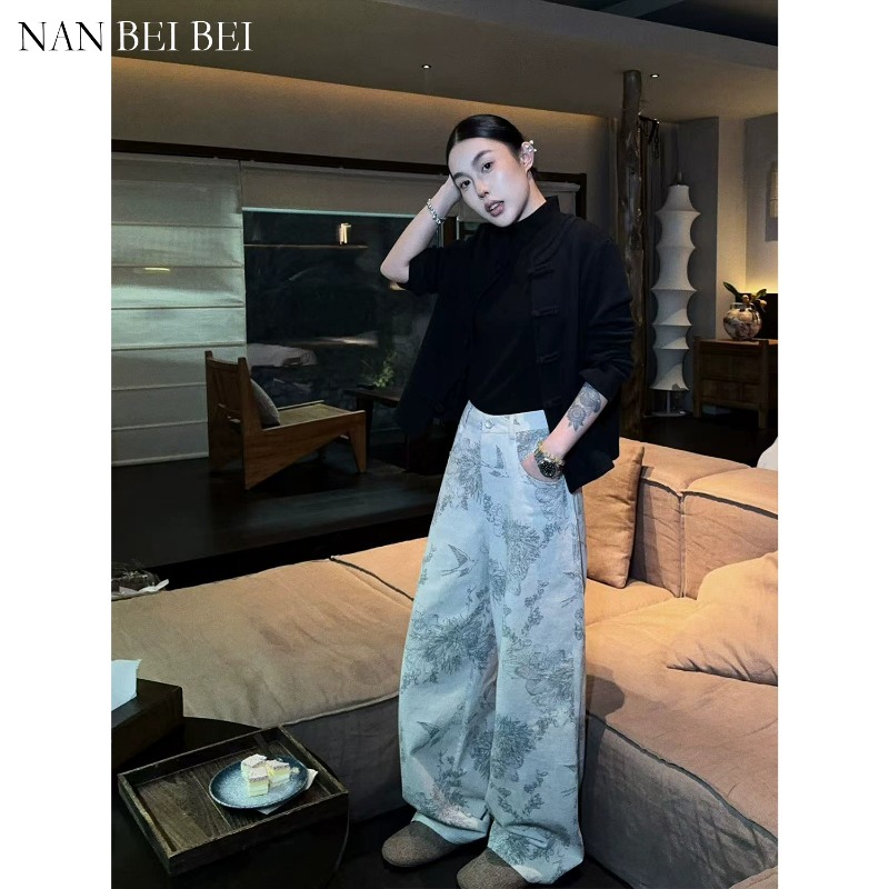 【南北贝】提花高腰牛仔裤女