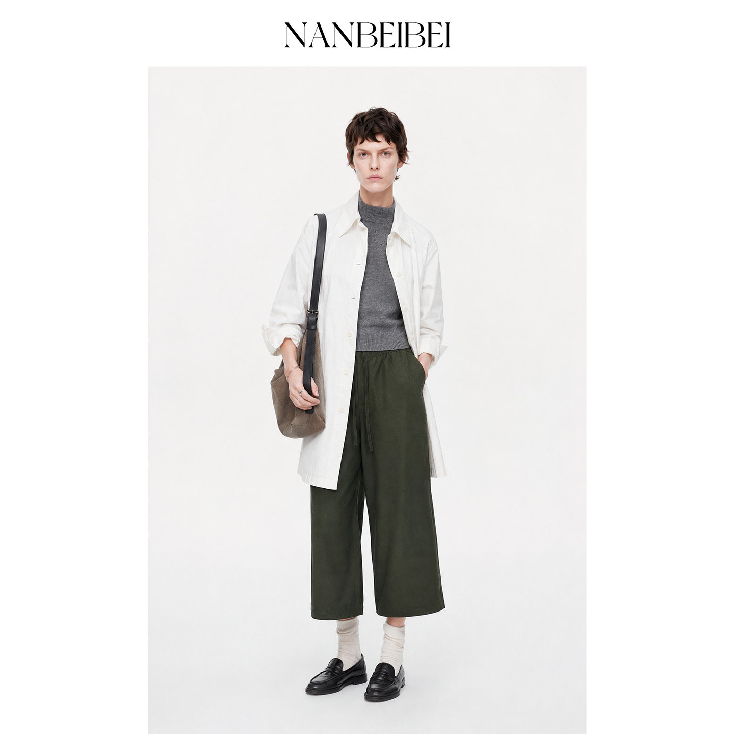 NANBEIBEI南北贝女款夏季宽松休闲裤简约绿色天丝亚麻抽绳短裤
