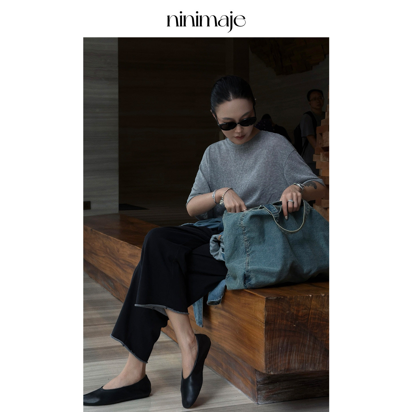 NANBEIBEI南北贝时髦随性卷边休闲裤女宽松超柔软松弛阔腿九分裤