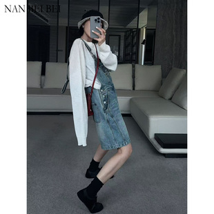 NANBEIBEI南北贝 复古阔腿牛仔背带裤女2025夏季新款设计感小众短