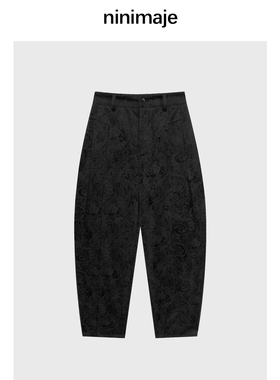 现货/南北贝'植绒压花裤'黑色提花时尚百搭休闲裤女新款直筒裤子