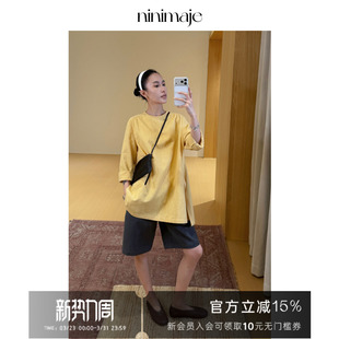 NANBEIBEI南北贝轻竹节肌理天丝苎麻调色黄色宽松衬衫 女圆领上衣