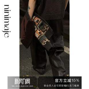 松紧腰直筒裤 NANBEIBEI南北贝 女冬季 宽松休闲裤 做旧阔 茧型皮裤