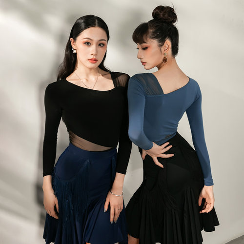 YES拉丁舞服装舞衣国标舞上衣女春夏新款短袖练功服网纱拼接YS337