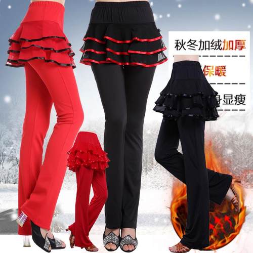 广场舞服装秋冬新款裙裤加绒保暖长裤女成人拉丁舞练习跳舞裙裤子