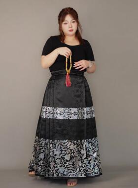 随淇自然仿螺钿马面裙黑色胖mm大码飞机袖汉服女装 凤穿牡丹刺绣