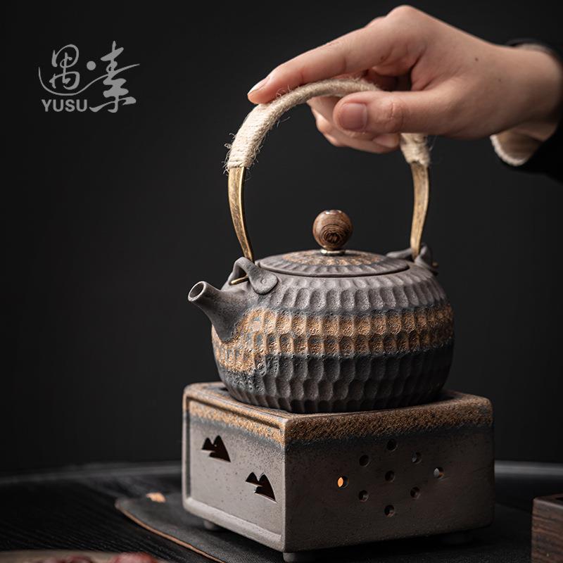中式复古温茶炉茶壶茶具套装家用蜡烛加热保温炉粗陶提梁壶整套