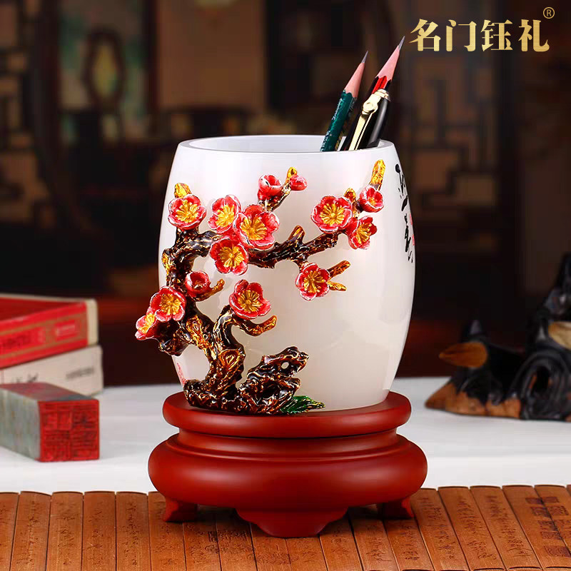 珐琅彩迎春笔筒摆件琉璃毕业纪念礼物送老师朋友公司企业定制礼品
