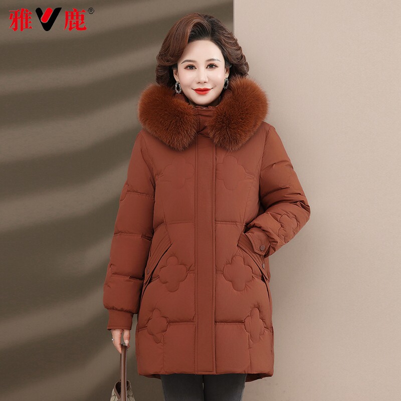 雅鹿中老年羽绒服女装中长款冬季保暖狐狸毛领厚款女士防寒服外套