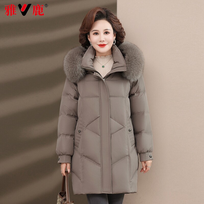 雅鹿中老年羽绒服女中长款冬季妈妈装狐狸毛领加厚保暖防寒服外套