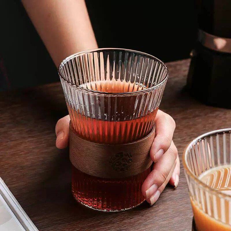 日式竖条纹耐热玻璃水杯泡茶杯手冲耳挂咖啡杯颜值筋纹隔热茶杯