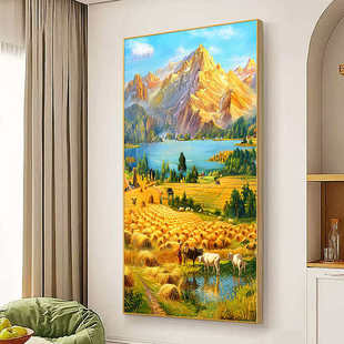 丰收入户玄关装饰画手绘油画金山聚宝盆客厅挂画竖版走廊过道壁画