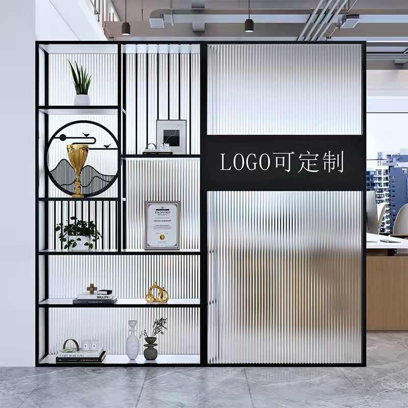 办公室玻璃屏风隔断置物架书架公司前台logo形象墙遮挡展示架铁艺图片