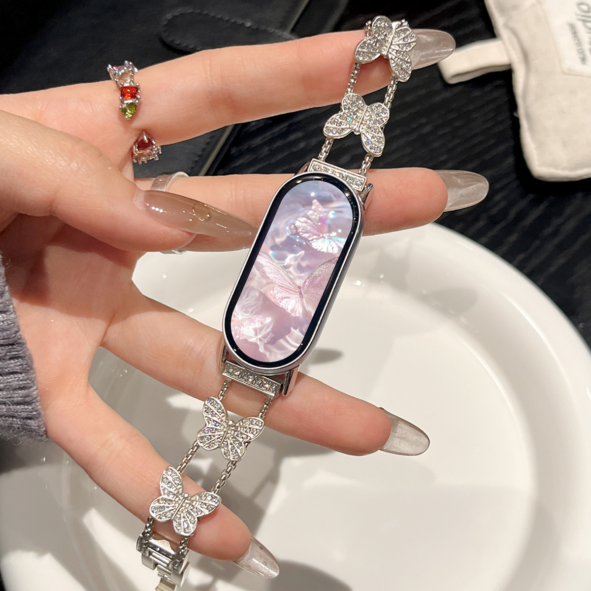 适用小米手环10表带新款9pro女生8NFC夏天金属腕带闪钻蝴蝶手表链陶瓷版八九代智能小米8pro代时尚创意替换带