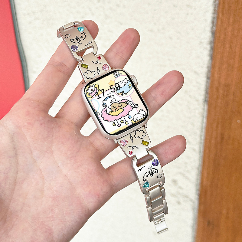 适用iWatch苹果表带S9/10金属镭雕彩钻小狗腕带applewatchs8/7/6/se爱心kk猫手表链ultra手镯款替换带高级感