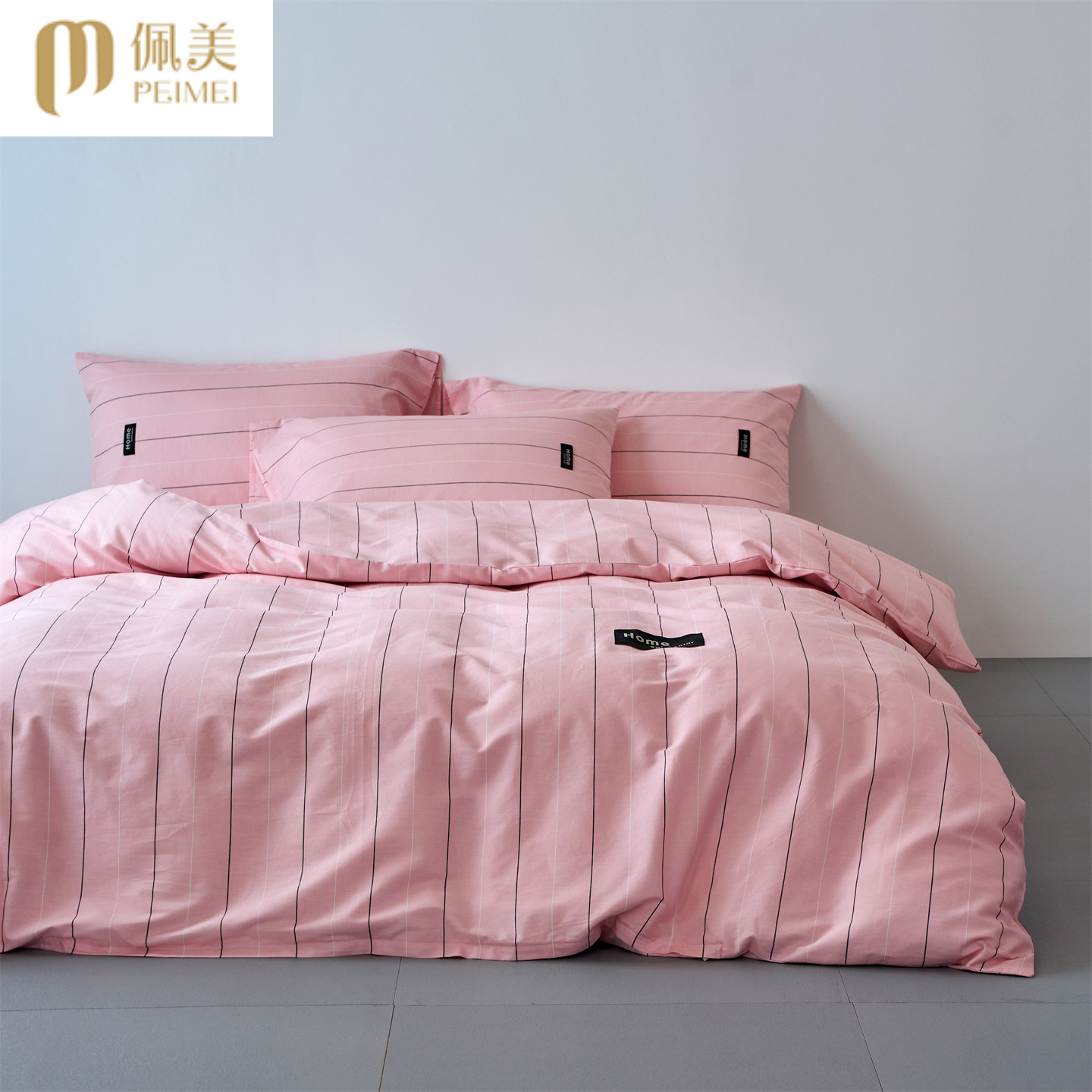 新款全棉条纹床单套件时尚现代简约休闲风亲肤透气双人床笠多件套