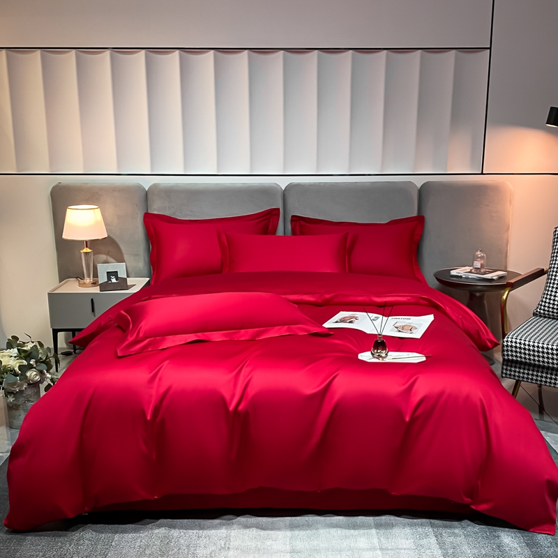 结婚喜庆纯棉被套三件套纯色大红色贡缎长绒棉四件套全棉单独被罩