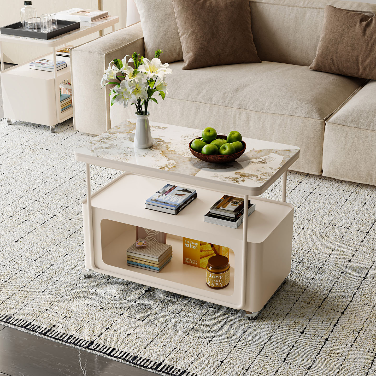 奶油风可移动客厅沙发岩板边几