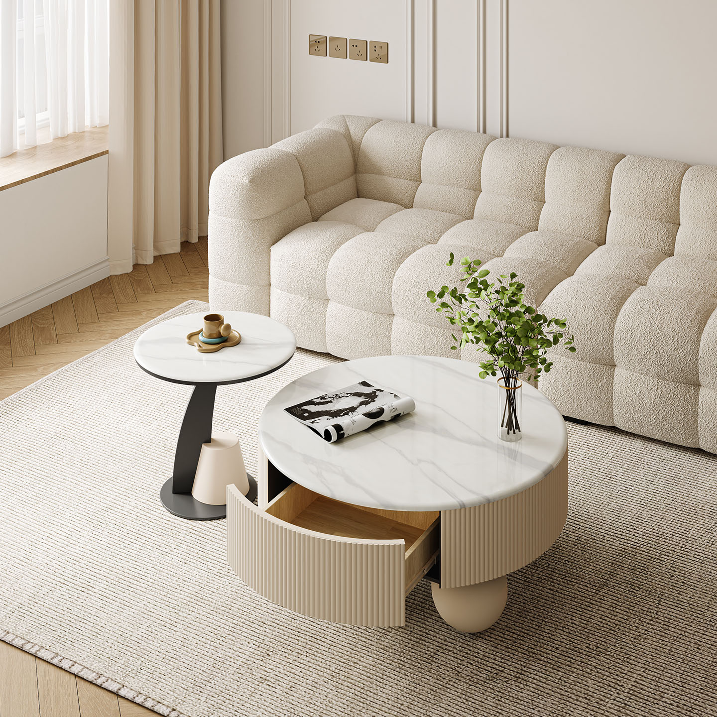 家用客厅圆形岩板微晶石茶几组合