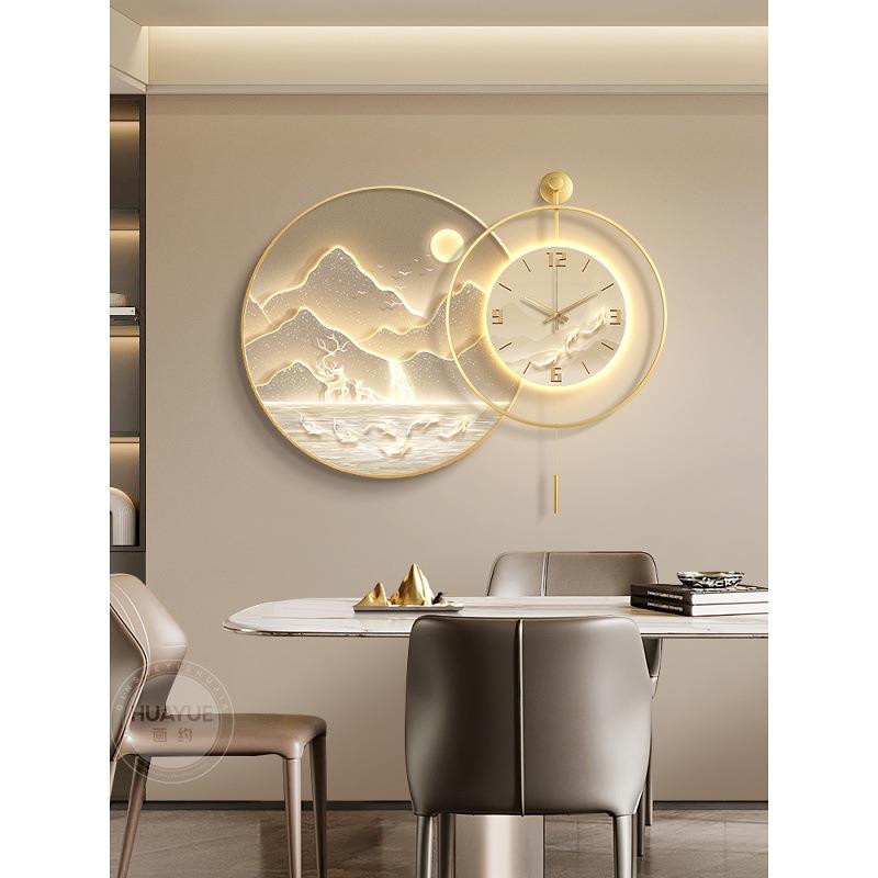 流水生财餐厅装饰画轻奢高档带钟表饭厅餐桌挂画大气山水客厅壁画