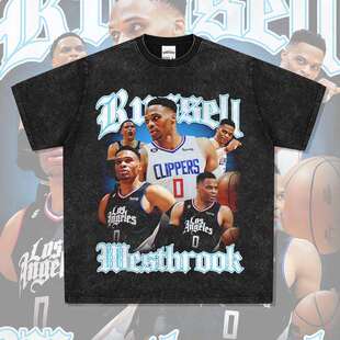 跨境欧美快船West brook威少拉塞尔威斯布鲁克水洗做旧短袖T恤